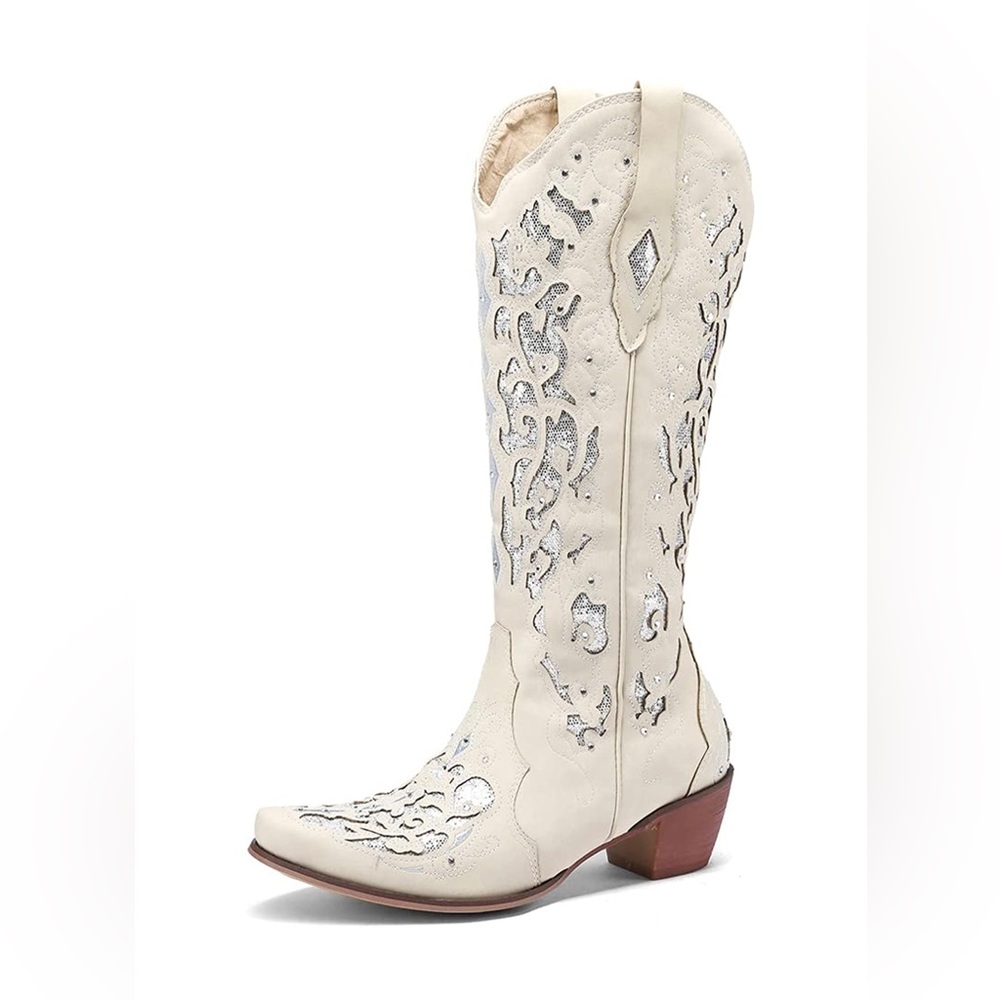 YOUTHJUNE | Rice White Glitter-Inlay Cowboy Boot